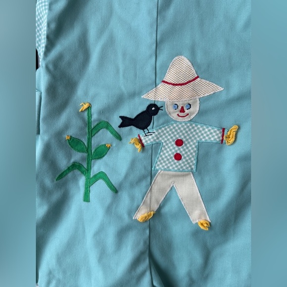 80s Vintage JonJon Shortall set Toddler Romper Scarecrow Corn Appliqué gingham - Picture 8 of 8